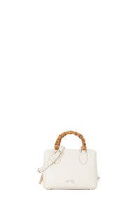 Borsa a tracolla bianca in pelle con manico in bambù, tracolla staccabile, hardware dorato e logo impresso sul fronte. Forma rettangolare compatta.