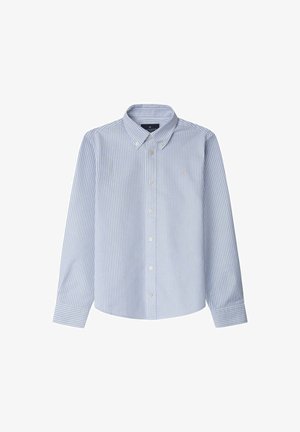 Hemd mit Knopfverschluss in Hellblau mit weißen senkrechten Streifen, ausgestattet mit einem klassischen Kragen, langen Ärmeln und einem kleinen Logo auf der Brust.