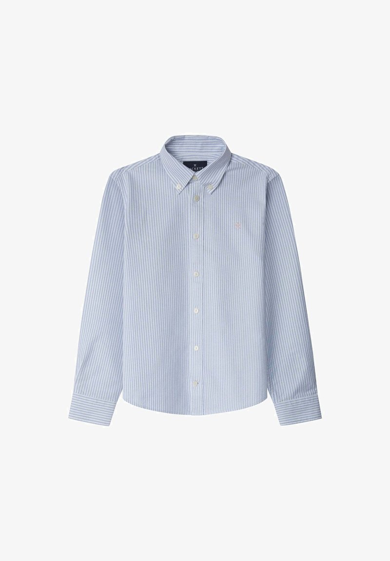 Košulja na dugih rukava u svijetlo plavoj boji s bijelim vertikalnim prugama, s klasičnim ovratnikom, dugim rukavima i malim logom na prsima.