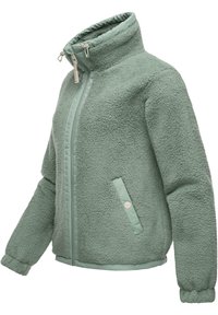 Fleece jacket in light green with a high collar, zip closure, and ribbed cuffs. Features smooth fabric accents and side pockets.