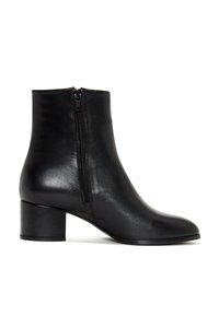Stivaletti alla caviglia in pelle nera con una texture liscia, dotati di una cerniera laterale e di un tacco a blocco per stabilità. Design semplice e colore uniforme.