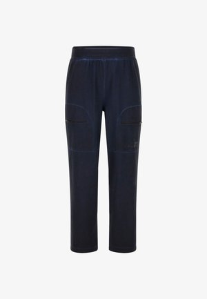 Marineblaue Jogginghosen aus weichem Stoff; mit Reißverschlusstaschen und kontrastierenden Nähten an den Seiten. Elastischer Bund für zusätzlichen Komfort.