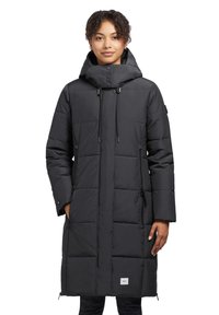 Black long puffer coat with a hood, featuring quilted design, adjustable drawstrings, and side zip pockets. Simple logo patch at hem.