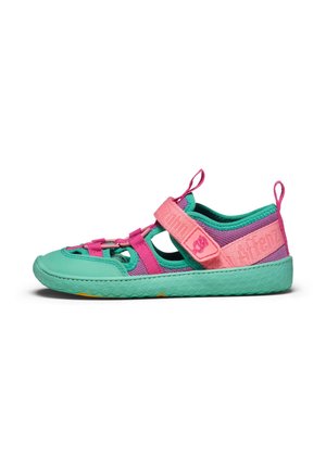 Children’s sandal in teal, purple, and pink with adjustable straps and rubber sole, designed for outdoor activities.