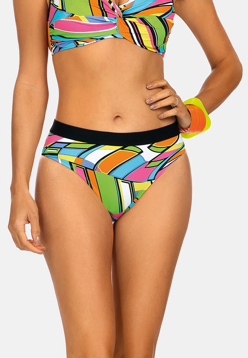 Kolorowy bikini z wzorzystą, wielokolorową górną częścią i dołem, z czarną talią. Gładki, elastyczny materiał, zaprojektowany z myślą o komforcie.