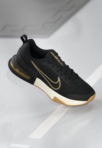 Crne atletske cipele s mrežastim gornjim dijelom, zlatnim detaljima i teksturiranom gumenom potplatom. Sadrže Nike branding i vidljivu jedinicu za zračno amortiziranje.
