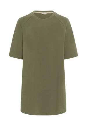 Oliwkowy t-shirt wykonany z miękkiego materiału, z okrągłym dekoltem, krótkimi rękawami raglanowymi i prostym wykończeniem. Prosty i gładki design.