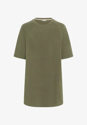 Oliwkowy t-shirt wykonany z miękkiego materiału, z okrągłym dekoltem, krótkimi rękawami raglanowymi i prostym wykończeniem. Prosty i gładki design.