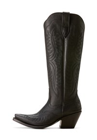 Botas de cowboy de cuero negro con punta puntiaguda, detalles bordados y un caña alta y curvada. Presenta un tacón cuadrado para mayor estabilidad.