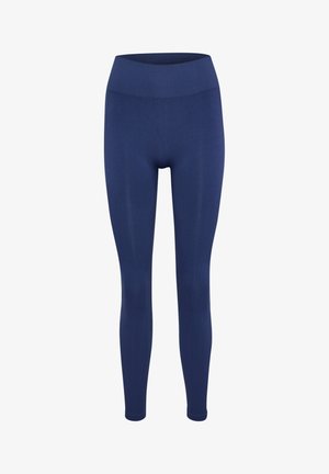 Navyblauwe leggings met een gladde textuur, een hoge elastische tailleband en een aansluitend ontwerp, met verticale ribbels langs de benen.