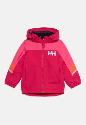 Veste à capuche pour enfants dans des tons de rose avec fermeture éclair sur le devant, poignets élastiques, bandes réfléchissantes sur les manches et logo HH blanc sur la poitrine.