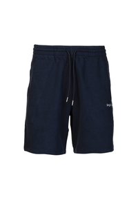 Shorts en coton bleu marine avec une taille élastique et un cordon de serrage, arborant un petit logo blanc sur la cuisse gauche. Texture lisse et coupe décontractée.