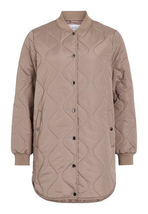 Μπεζ bomber μπουφάν με καπιτονέ, ριμπ γιακά, κλείσιμο με κουμπιά τύπου snap, πλαϊνές τσέπες και υφή με κυματιστό μοτίβο στο ύφασμα.