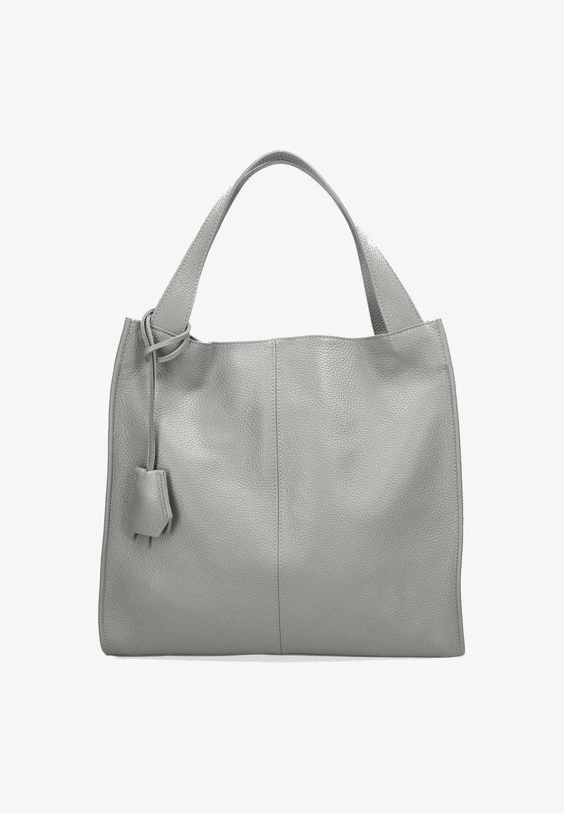 Sac fourre-tout en cuir gris à surface texturée, avec deux bandes d'épaule et un détail de pampille sur le côté. Dispose d'un compartiment principal spacieux.