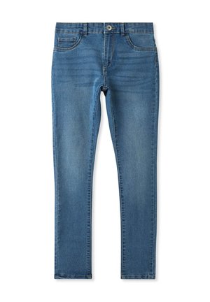 Jeans in denim blu con una vestibilità slim, caratterizzati da un classico design a cinque tasche, chiusura con bottone metallico e leggeri dettagli di scolorimento sul tessuto.