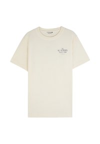 Camiseta corta de manga con tejido de algodón. Presenta un texto de logo azul "The SCALPERS" en la parte frontal. Ajuste sencillo y casual.