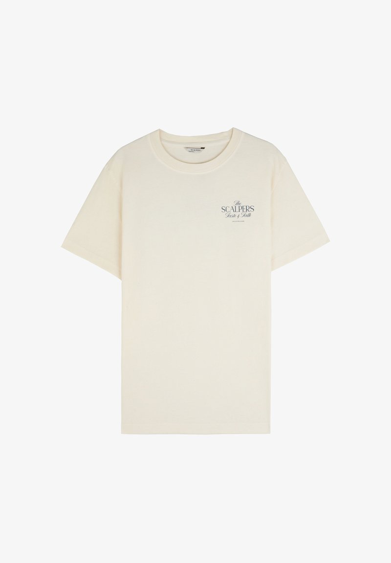 Camiseta corta de manga con tejido de algodón. Presenta un texto de logo azul "The SCALPERS" en la parte frontal. Ajuste sencillo y casual.