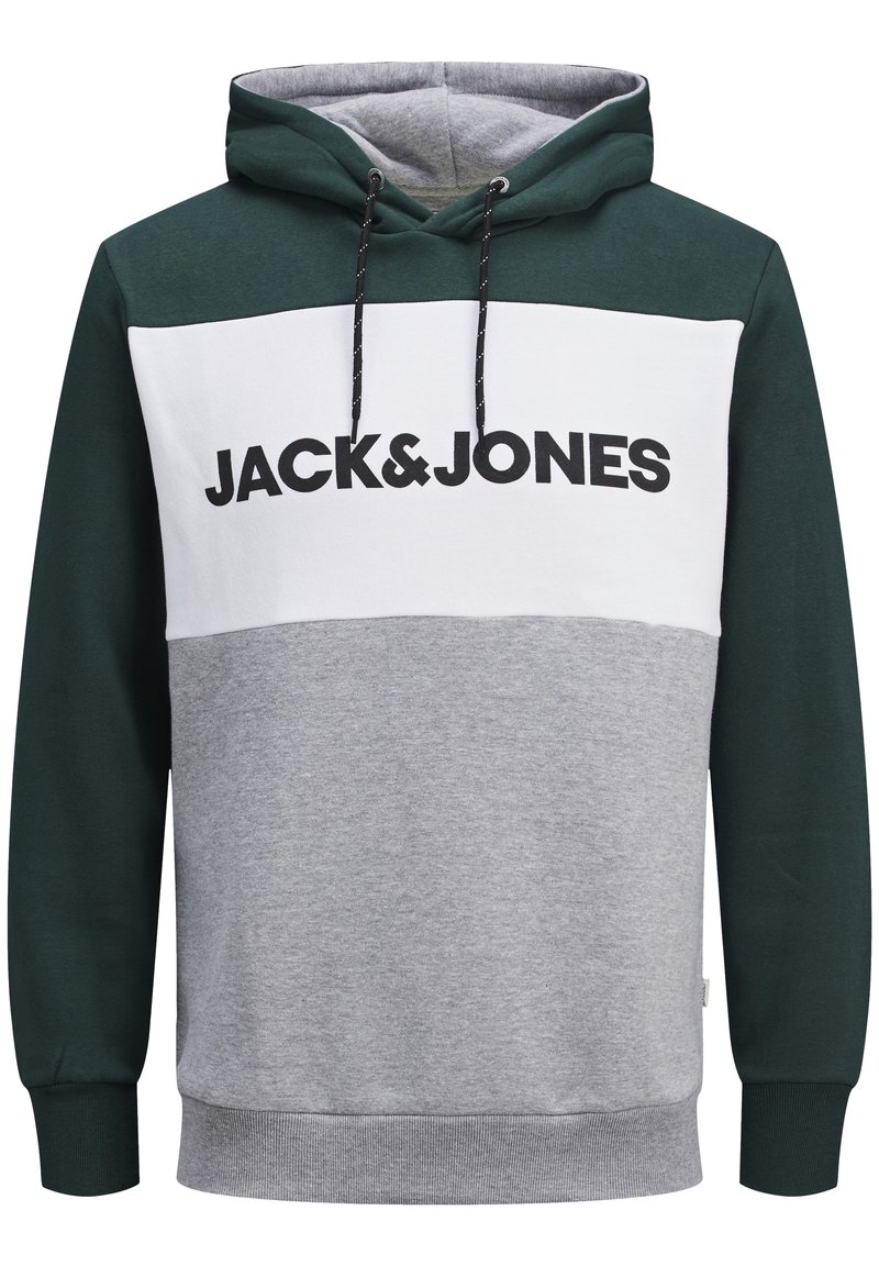 Felpa con cappuccio verde, grigia e bianca con lacci; presenta un grande logo "JACK & JONES" sulla parte anteriore. Tessuto morbido, polsini e orlo a costine.