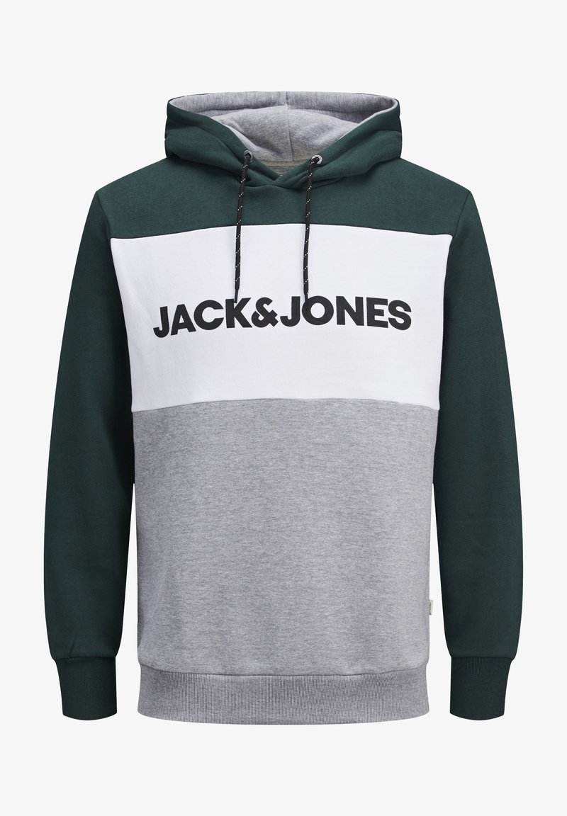 Felpa con cappuccio verde, grigia e bianca con lacci; presenta un grande logo "JACK & JONES" sulla parte anteriore. Tessuto morbido, polsini e orlo a costine.