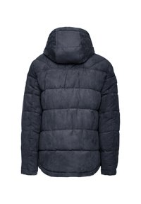 Dunkelblau gesteppte Jacke mit Kapuze, ausgestattet mit einem quilted Design und weichem Material. Sichtbare Nähte und abgerundeter Saum hinten.