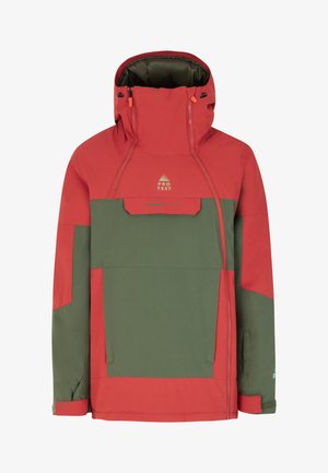 Rode en groene outdoorjas met hoge kraag, grote voorklep, ritsen en verstelbare capuchon. Gemaakt van weerbestendig materiaal.