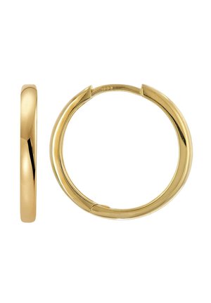 Smooth, polished gold hoop earrings shown from the side and front, featuring a hinged clasp closure.