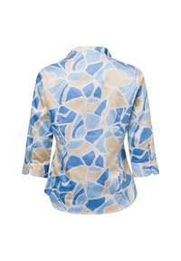 Lichte stof overhemd met een semi-getailleerde pasvorm. Kenmerken zijn een blauw-beige abstract patroon, gespreide kraag en driekwart mouwen.