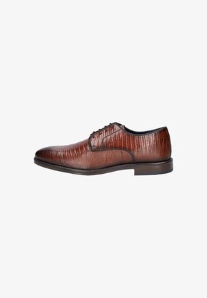 Brown leather dress shoe with a textured, reptile-inspired pattern, rounded toe, and thin laces, featuring a low profile black sole.