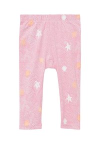 Roze katoenen legging met een speels patroon van witte sterren en kleine zeedieren in oranje, met een zachte, textuurachtige afwerking.