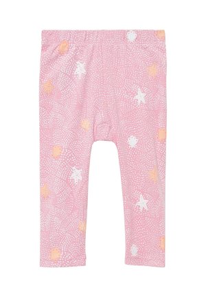 Roze katoenen legging met een speels patroon van witte sterren en kleine zeedieren in oranje, met een zachte, textuurachtige afwerking.