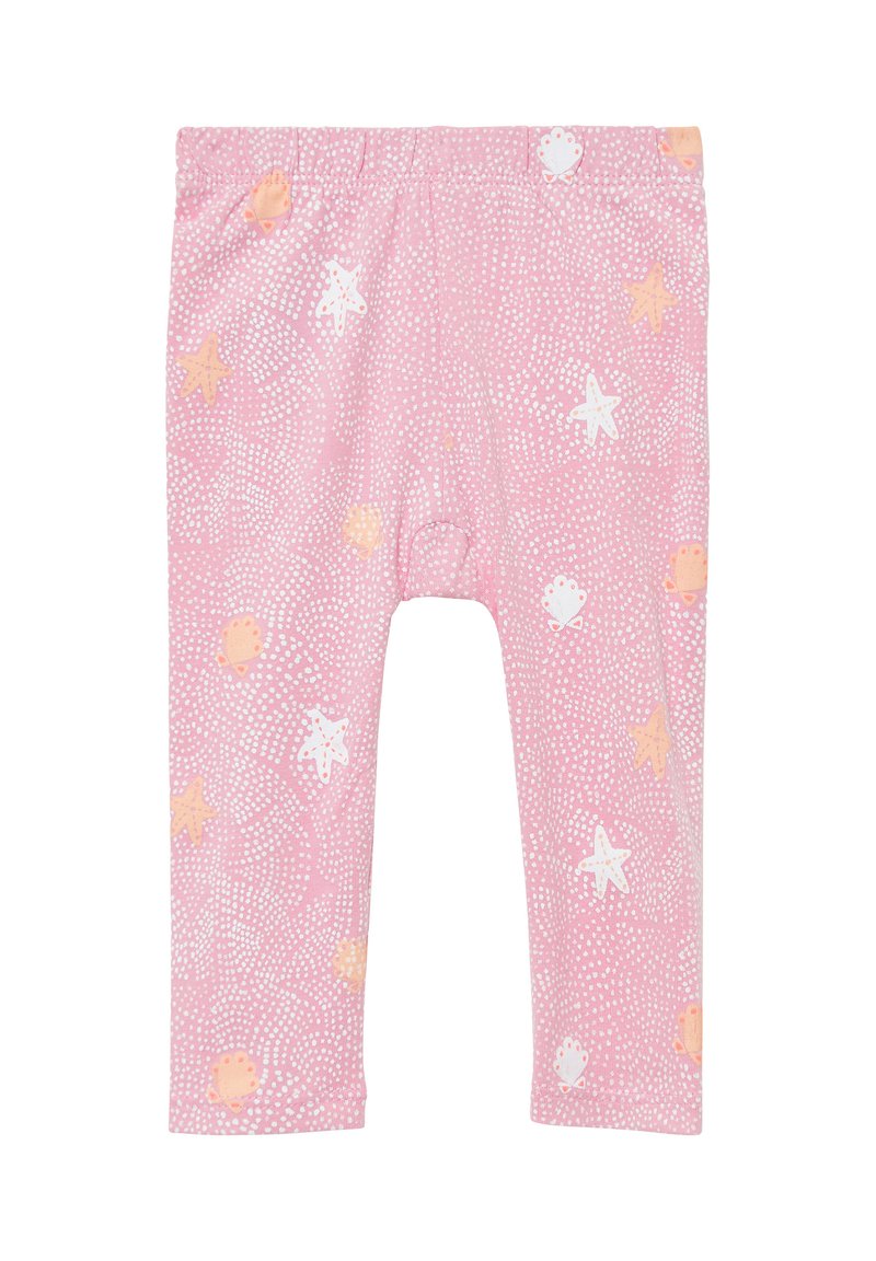 Roze katoenen legging met een speels patroon van witte sterren en kleine zeedieren in oranje, met een zachte, textuurachtige afwerking.