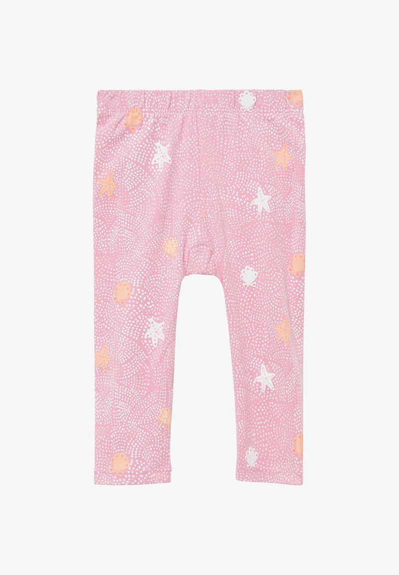 Roze katoenen legging met een speels patroon van witte sterren en kleine zeedieren in oranje, met een zachte, textuurachtige afwerking.