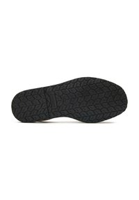 Black rubber shoe sole with a textured pattern, featuring curved grooves and a rectangular accent. Durable and suitable for varied surfaces.