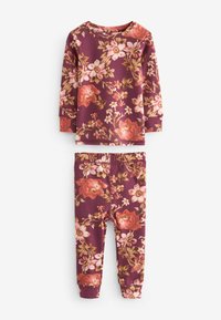 Conjunto de top de manga larga y pantalones en un profundo color púrpura, con patrones de flores en rosa y dorado. Tejido suave con puños y cinturilla acanalados.