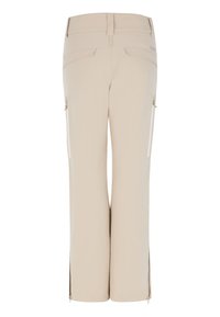 Pantaloni beige a gamba dritta con tasche posteriori, tasche laterali con zip, passanti per cintura e dettagli con zip sull'orlo inferiore.
