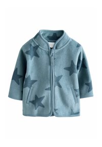 Giacca in pile azzurra con motivo a stelle, colletto a risvolto, zip frontale e due tasche laterali. Tessuto morbido e vestibilità comoda.