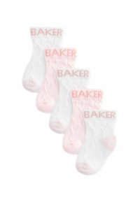 Cinque paia di calzini corti in bianco e rosa, con motivi testurizzati e la scritta "BAKER" stampata in rosa sul polsino. Materiale leggero.