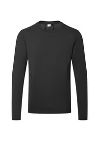 Black long-sleeve shirt made of smooth fabric with a round neckline, side vents, and minimal stitching details.