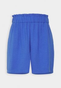 Pantalones cortos de tiro alto en azul con cinturilla elástica y una tela ligeramente texturizada, exhibidos sobre un fondo blanco liso.