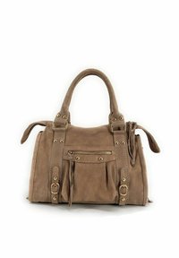 Sac à main en daim brun avec deux poignées supérieur, coutures décoratives, poche zippée et accents en laiton. Comprend des rabats latéraux et des glands.