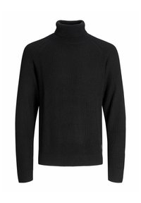 Suéter negro de punto acanalado con cuello alto y mangas largas, que presenta un cuello ajustado y una textura distintiva. Diseño sencillo, sin patrones ni acentos visibles.