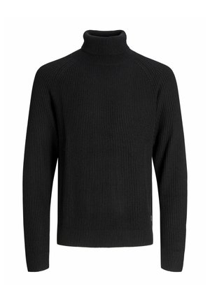 Suéter negro de punto acanalado con cuello alto y mangas largas, que presenta un cuello ajustado y una textura distintiva. Diseño sencillo, sin patrones ni acentos visibles.