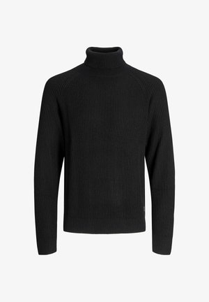 Must have ümar krae ja pikkade varrukatega must ribiline kampsun, millel on sobiv kaelus ja eristuv tekstuur. Lihtne disain, ilma nähtavate mustrite või aktsentideta.