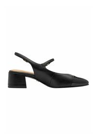Sort læder slingback sko med spids tå og kvadratisk hæl. Har en glat overflade og minimalistisk design med en rem.