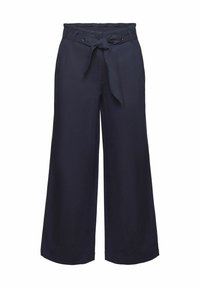 Marinblå vida byxor gjorda av lättviktigt tyg, med knytband i midjan, elastisk midja och sidfickor för extra funktionalitet.