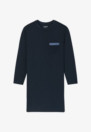 Laivastonsininen pitkähihainen paita, jossa on pyöreä kaula-aukko ja rintatasku, joka on koristeltu sinisellä geometrisella kuvioreunuksella.