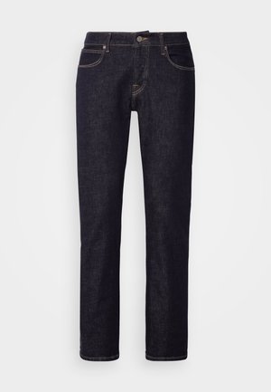 Dunkelblaue Jeans aus Denim mit geradem Bein, fünf Taschen und Kontrastnähten. Mit Knopfverschluss und Gürtelschlaufen.