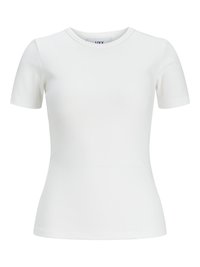 Weißes geripptes T-Shirt mit kurzen Ärmeln, rundem Ausschnitt und figurbetontem Schnitt. Aus glattem Stoff gefertigt, geeignet zum Schichten oder für die legere Freizeit.