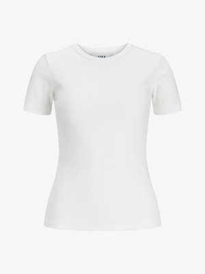 T-shirt blanc à manches courtes côtelé avec un col rond et une coupe ajustée. Fabriqué en tissu lisse, adapté pour le superposition ou le port décontracté.