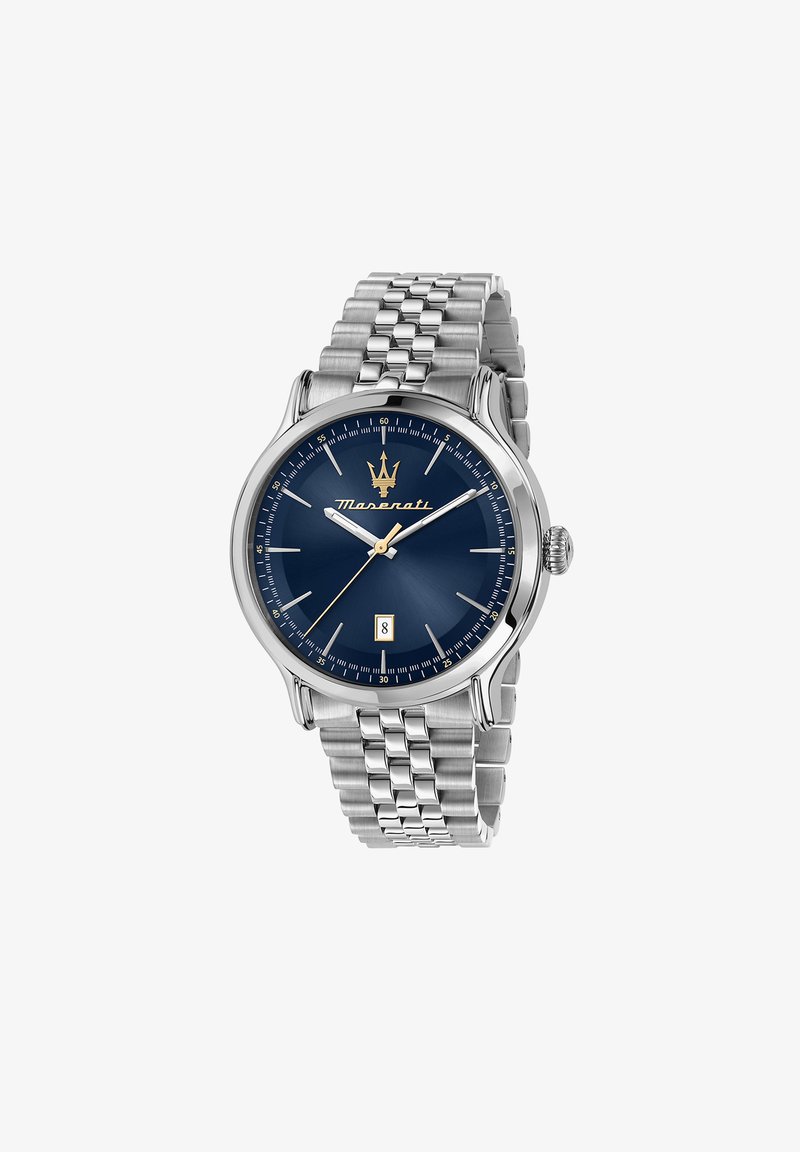 Sølv rustfrit stålur med en rund mørkeblå urskive, gyldne detaljer og datovisning. Har et led-armbånd og fremtrædende timemarker.